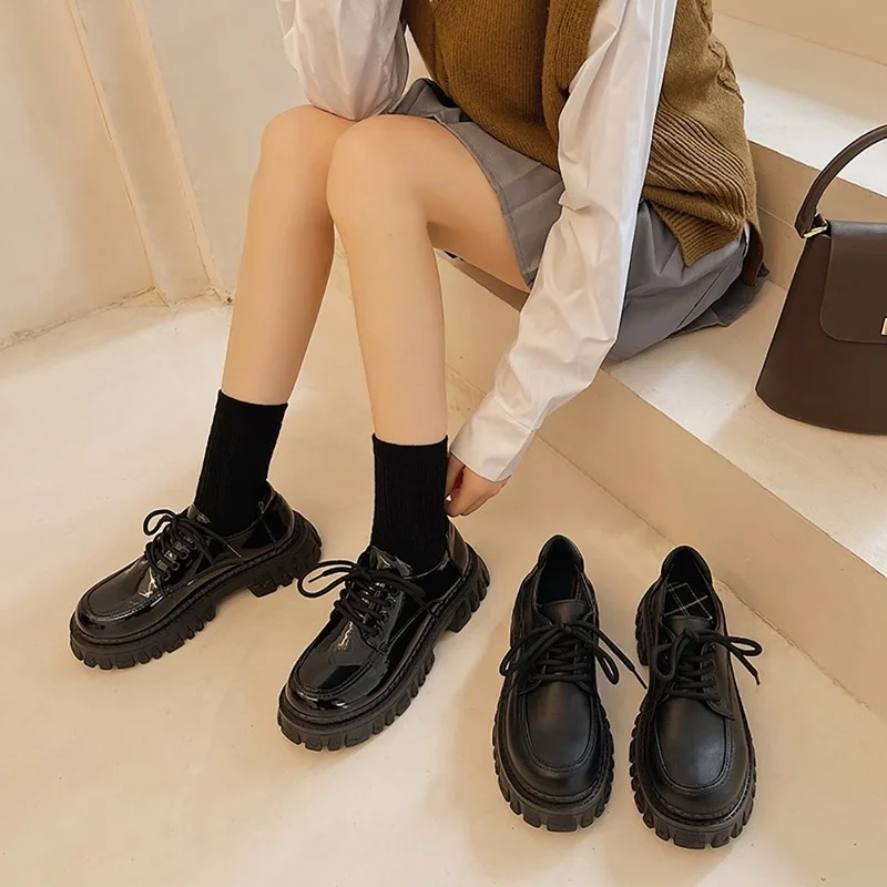 Platform Oxford Shoes Women Loafers Summer Autumn Casual Lace Up Flats Ladies Punk Gothic Leather Chunky women oxford shoes