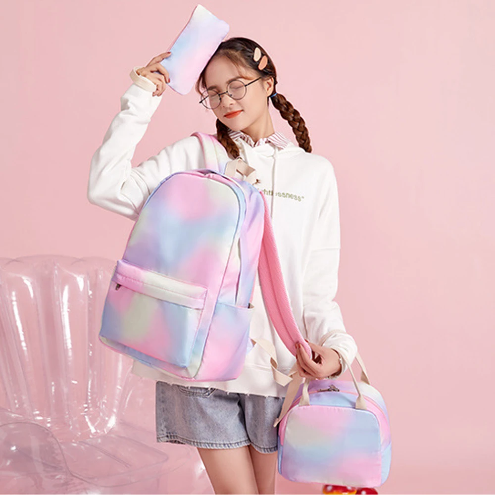 Child Girl Backpack Elementary Student Bag Rainbow Kids Bookbag Teen Girls School Bag with Lunchbox Pencil Case Waterproof 2