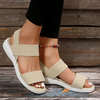 ⁦Women's Knit Elastic Cloth Wedge Sandals Slip On Lightweight Walking Sandals Women Plus Size Comfortable Summer Shoes Woman 2023⁩ – תמונה ⁦2⁩