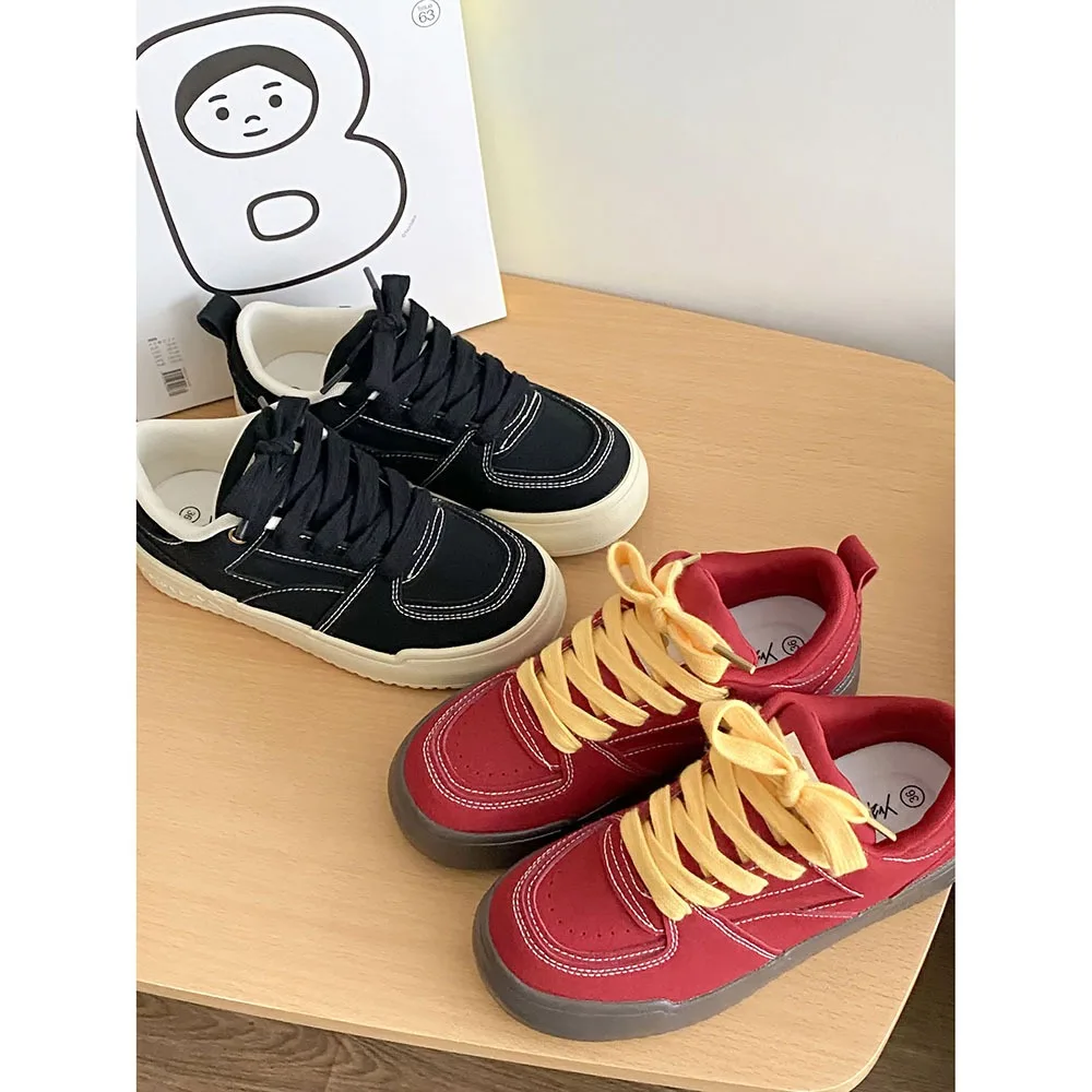 2024 New Spring Thick Sole Women Board Shoes Wine Red Canvas Shoes Women Shoes Lace up Fashion Mixed Color Sports Shoes 24-161