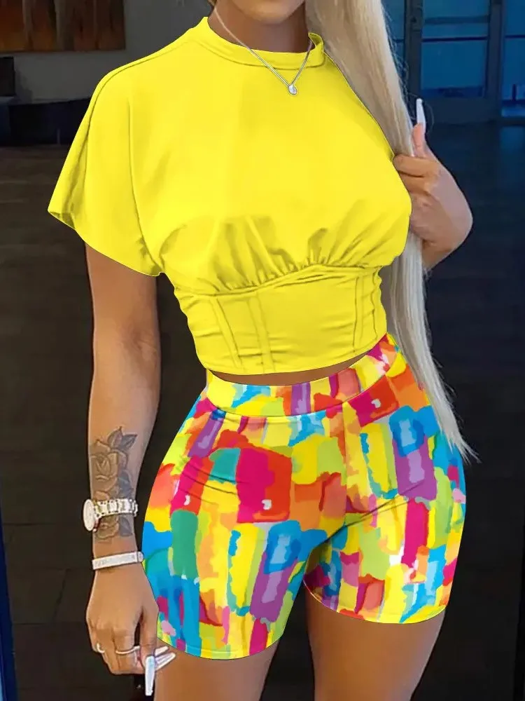 

Casual O Neck Short Sleeve T-shirt Shorts Set Spring Summer Fashion Print Blouse Shorts Two Piece Sets For Women Outfit 2023