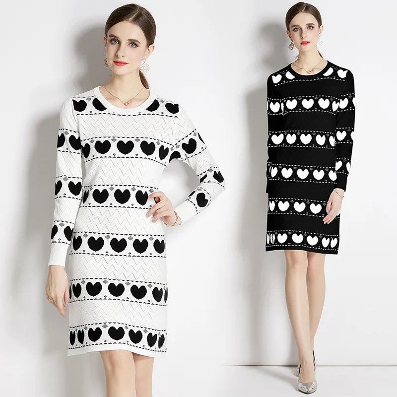 

#2460 Black White Short Knitting Sweater Dress Women Round Neck Knitted A-line Dress Long Sleeve Elastic Office Mini Dress Femme