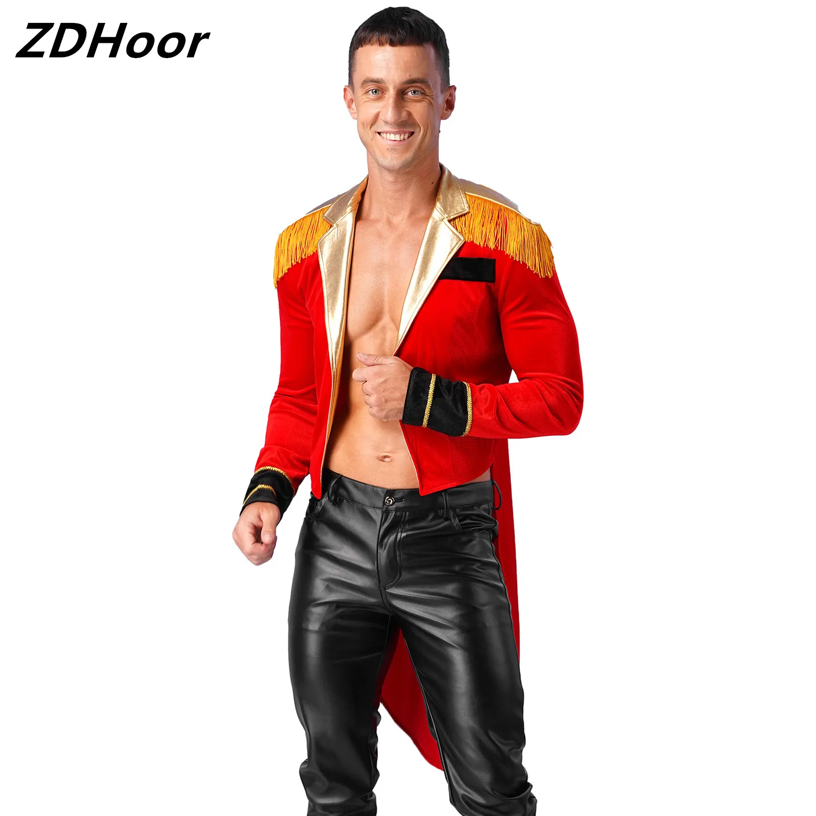 

Mens Circus Ringmaster Halloween Tailcoat Long Sleeve Costume Metallic Lapel Showman Jacket Theme Party Tassel Velvet