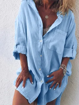 Summer Women's Clothing New Fashion Cotton Linen Pocket Beach Fashion Button Up Shirt Long Sleeved Casual Comfortable 1