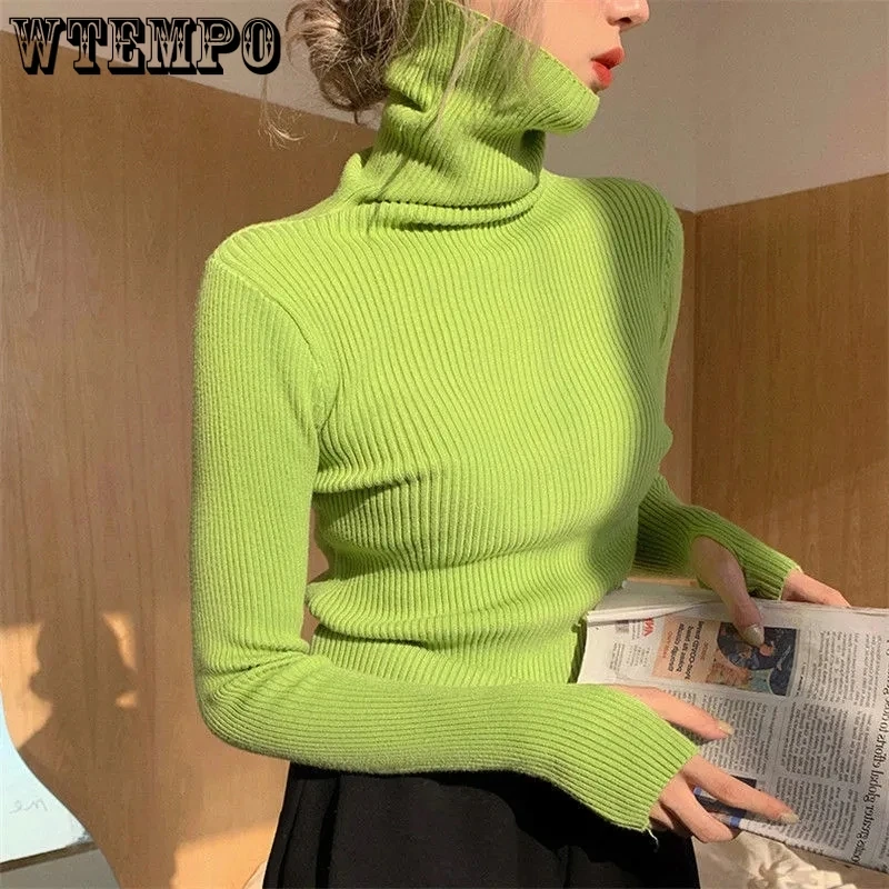 

WTEMPO-Женский свитер с высоким воротником, Осень-зима 2023, Новый Модный облегающий пуловер в Корейском стиле, базовые Топы, повседневные Мягкие вязаные свитера с длинным рукавом Экономная одежда без платы за проезд