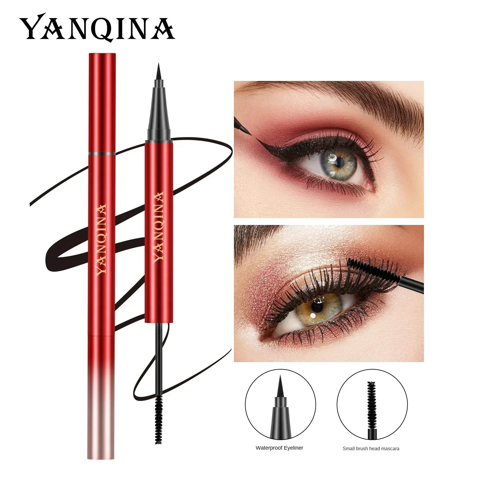 

Yanqina Dual Head Dual-Use Eyeliner Mascara 2-in-1 Waterproof Not Smudge Small Brush Head Thick Curl