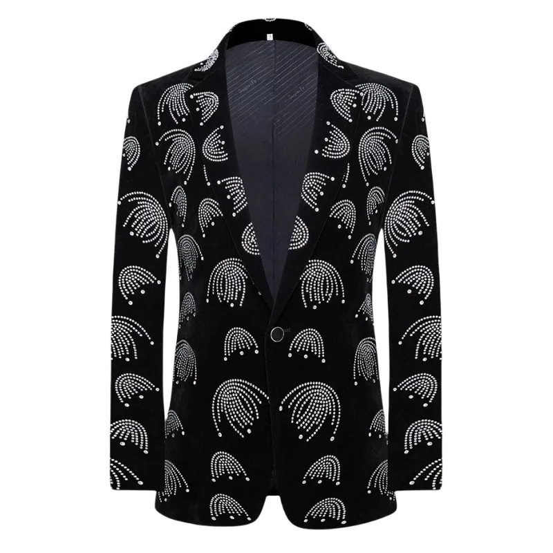 Black Velvet Rhinestones Suit Jackets Male Banquet Prom Groom Wedding Blazers Slim Fit Bar Concert Singer Host Tuxedo Stage Coat