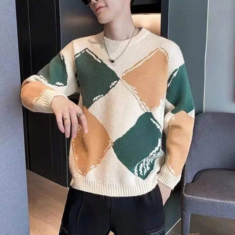 남성용 라운드 넥 스웨터, 아가일 스트라이프, 두꺼운 긴팔, 트렌디 니트 풀오버, 하의 상의, 가을 및 겨울, 새로운 패션, 2023