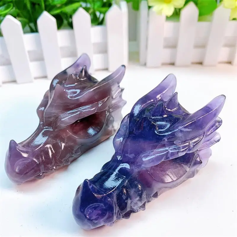 

10CM Natural Purple Fluorite Dragon Skull Head Statue Carved Crystal Figurine Healing Collection Decoration Gift 1PCS