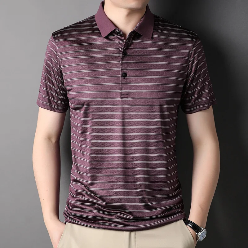 

Summer Polo New Men's Wear Summer Short Sleeve Tees Turn-down Collar T-shirt Stripe Button Loose Casual Pullover Fashion Tops