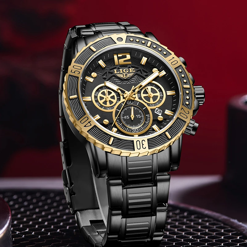 LIGE New Sport Chronograph Mens Watches Top Brand Luxury Full Steel Quartz Clock Waterproof Big Dial Watch Men Relogio Masculino