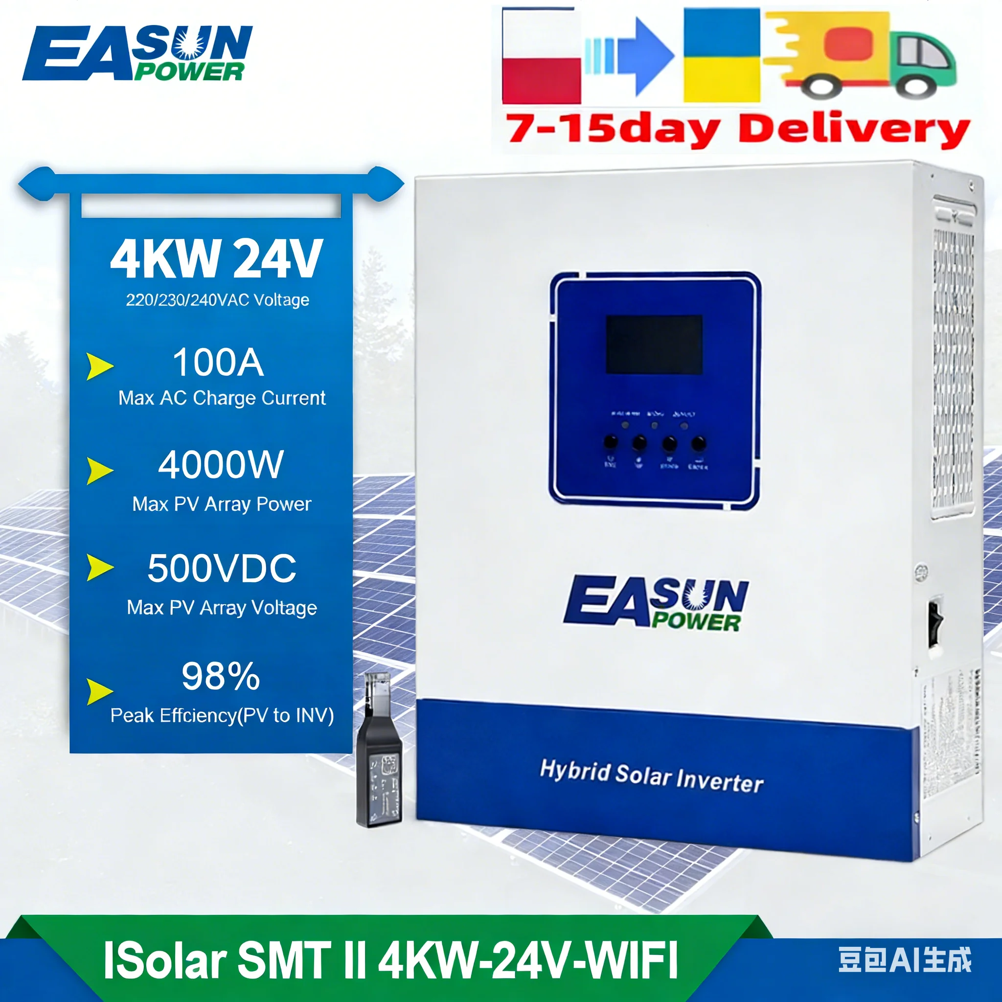 Easun 6.2KW 4KW 2KW Hybrid Solar Inverter 48V 24V 12V Built MPPT 100A ...