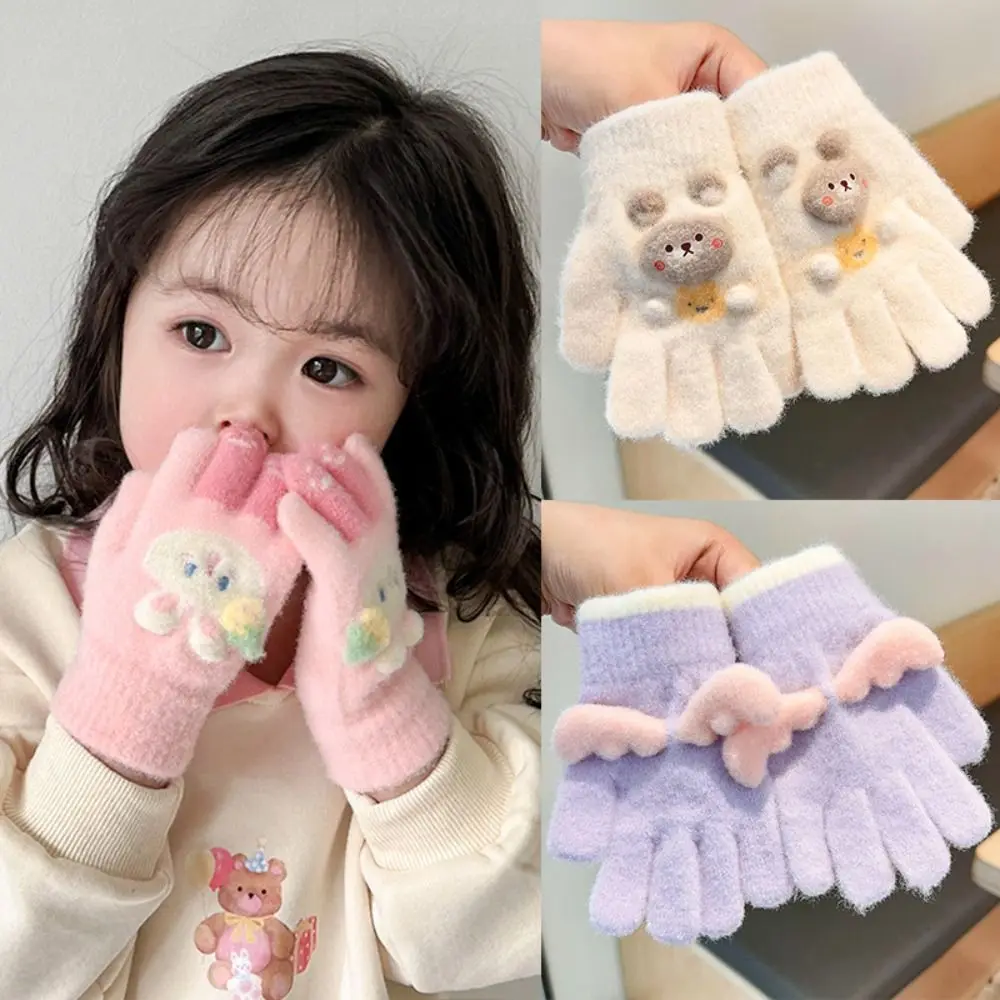 Guantes de punto con dibujos animados para niños, manoplas gruesas de felpa, a prueba de viento, cálidos para deportes al aire libre, dedos completos, Invierno