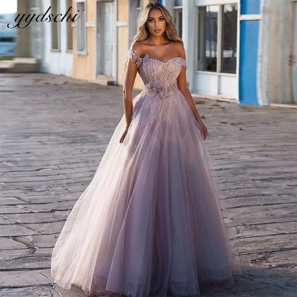 Purple Off The Shoulder Sweerheart Evening Dresses For Women Formal 2022 Vestidos De Gala Appliques Glitter Beading Prom Dress