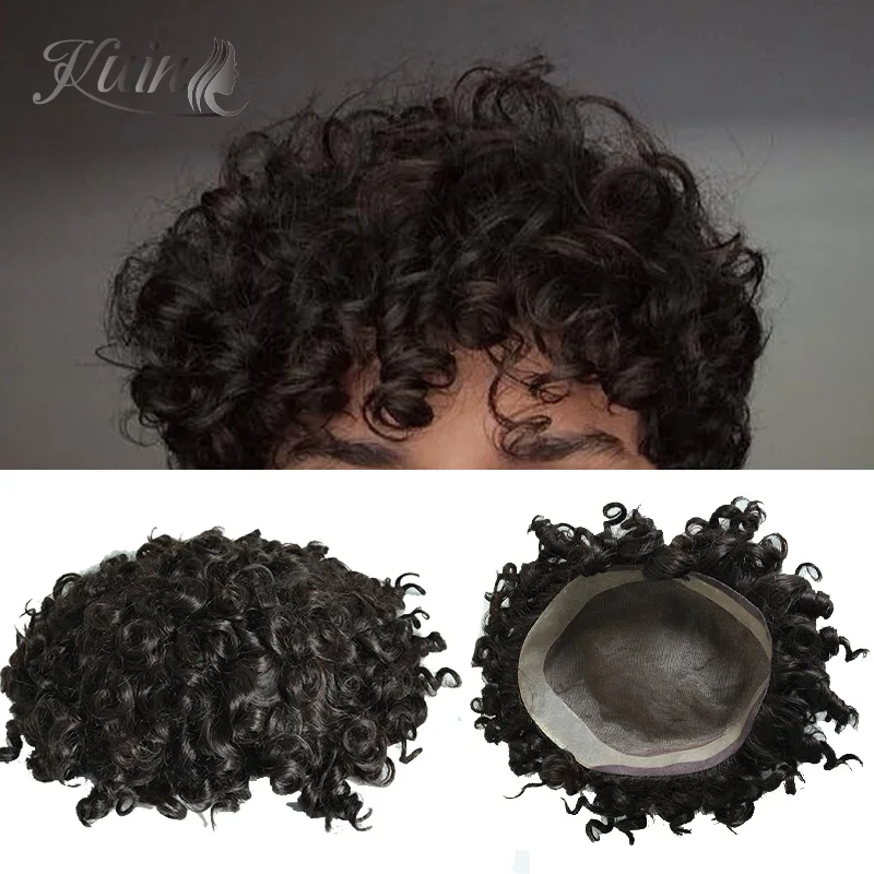 

Deep Curly Hairpiece Men Capillary Prosthesis Fine Mono NPU 100% Human Hair Wigs For Men Toupee Exhuast Systems Afro Men Wig