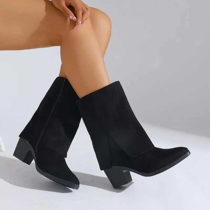 Women's Fashion Boots	Pointed Toe Rough Heel Side Zipper Short Boots Fashion Retro New Autumn and Winter Plus-size Trouser Boots