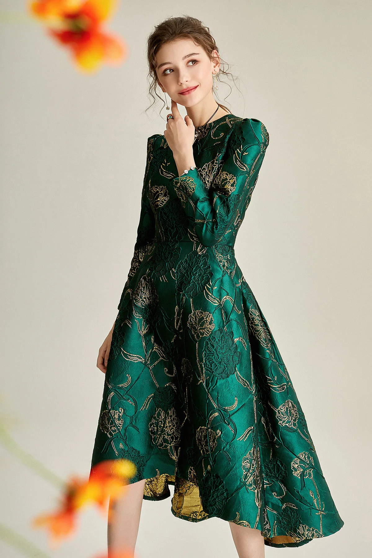 Spring Jacquard Dress Floral Long Sleeve Irregular Hem England 