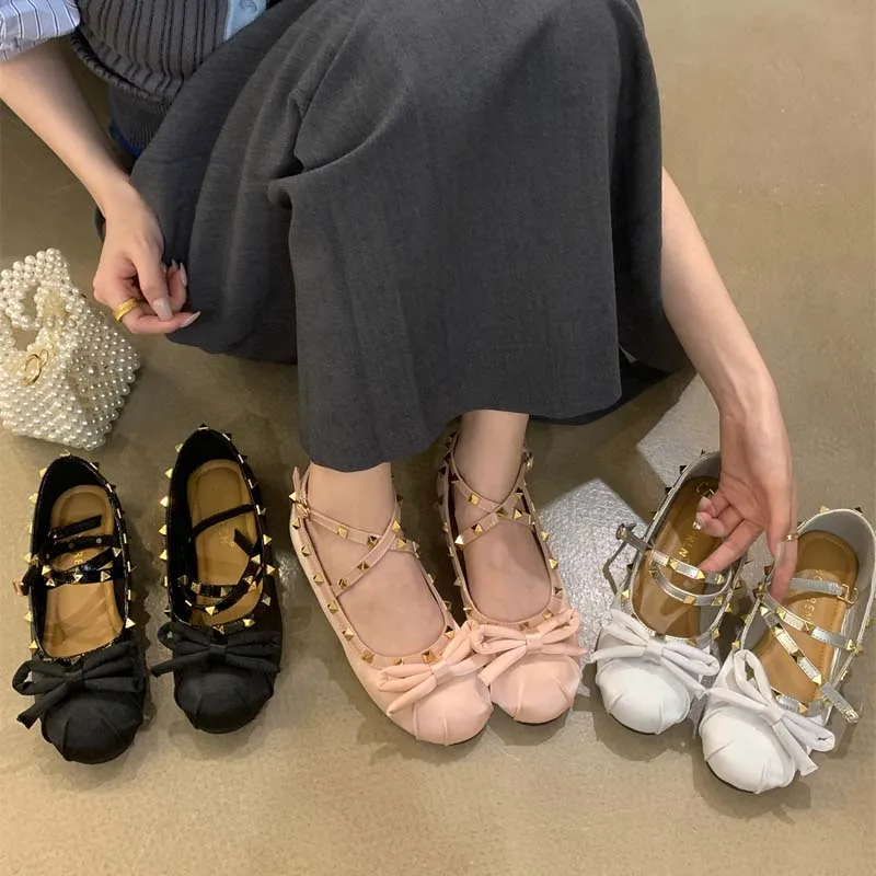 

Silver Women Shoes Classic Bowtie Rivet Satin Silk Ballet Flat Round Toe Ballet Flats Cross Buckle Ladies Soft Loafers