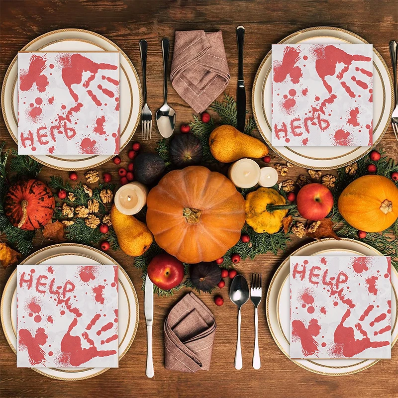 20/50pcs Halloween Red Handprint Paper Napkins for Halloween Party Home Dinner Table Decoration Supplies Disposable Tissue