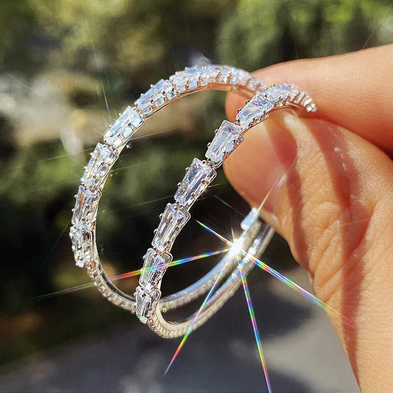 925 Sterling Silver Hoop Earring Inlaid CZ Stone Engagement Wedding Party Big Round Circle Female Earrings for Women silver hoop earrings silver earrings hoop earrings womens earrings