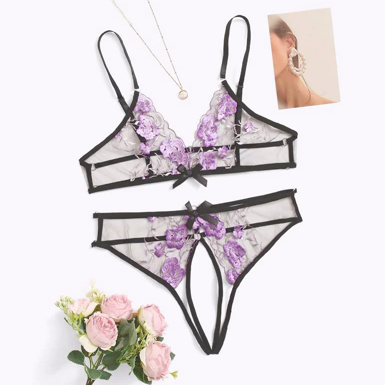 

Women Lingerie Set Two Piece Mesh Lace Bra Thongs Underwear Erotic Sexy Bras