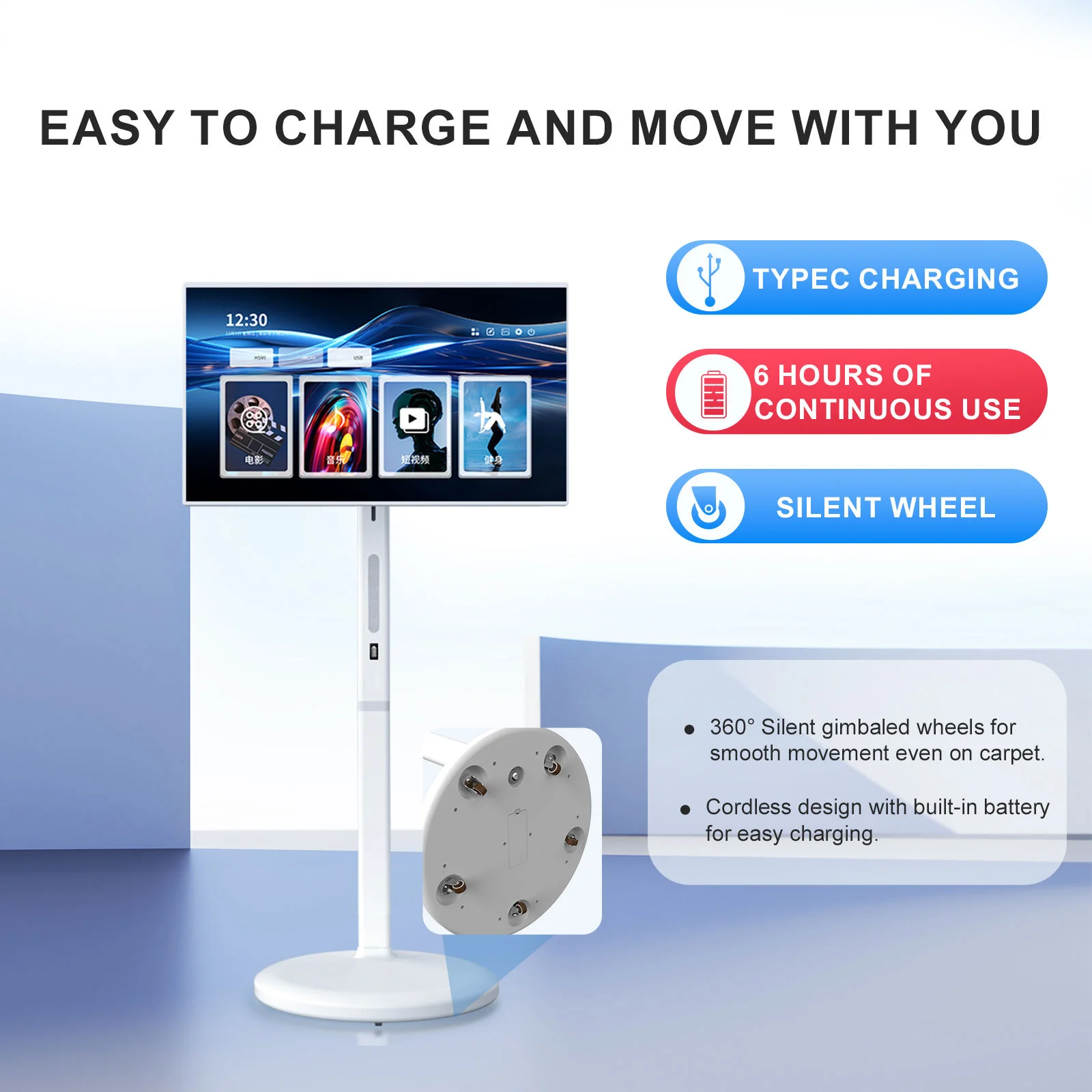 32 Inch 4K Smart Portable TV on Wheels: Rotatable Monitor with Touch Screen Rolling TV Stand on Wheels-8+128G Storage, Battery(6