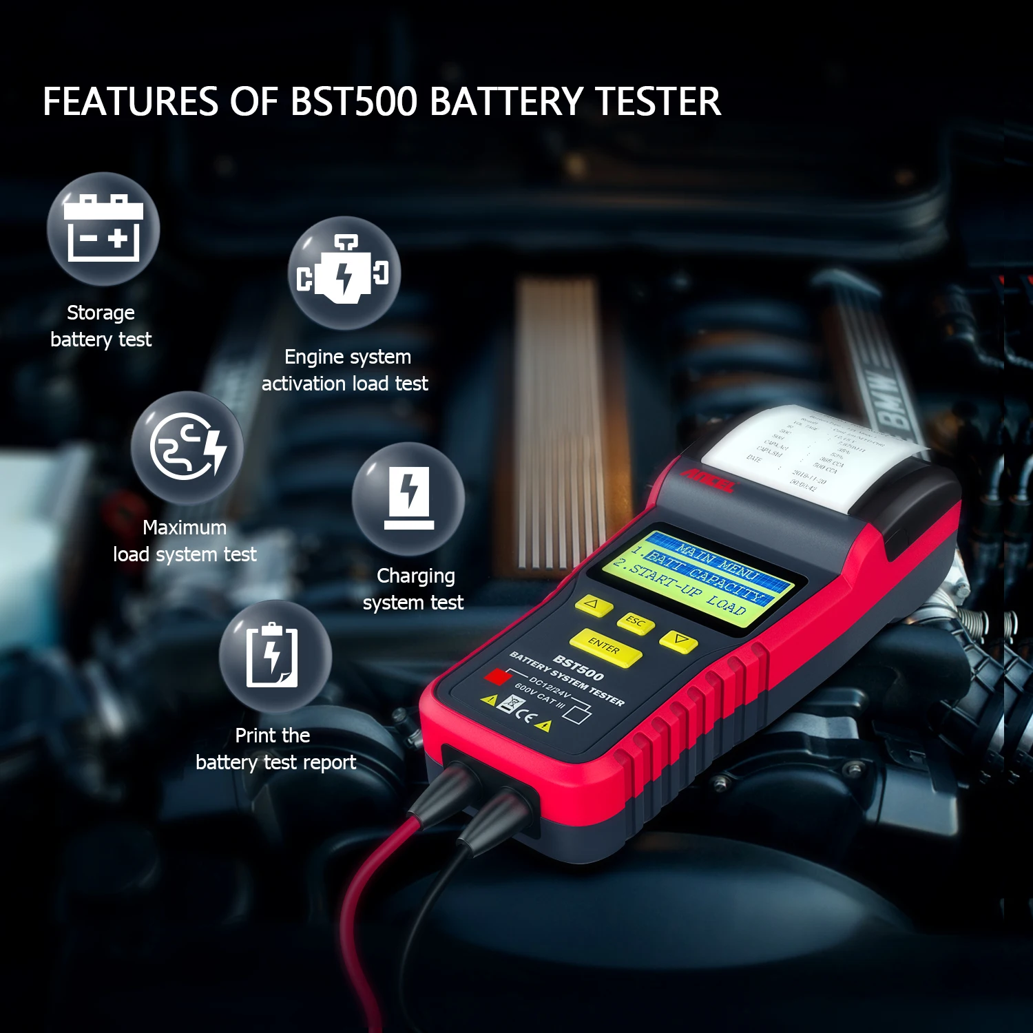 ANCEL BST500 100-2000 CCA Car Battery Tester 12v/24v Truck with Printer Cranking Charging System Test Auto Battery Analyzer