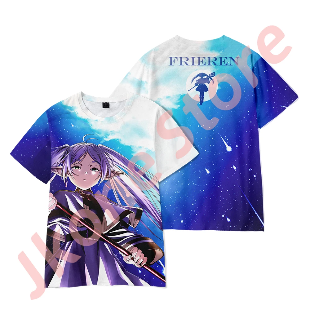 

Футболки Frieren с новым логотипом, футболка с принтом Merch, косплей для женщин и мужчин, модная смешная Повседневная Футболка Harajuku с коротким рукавом