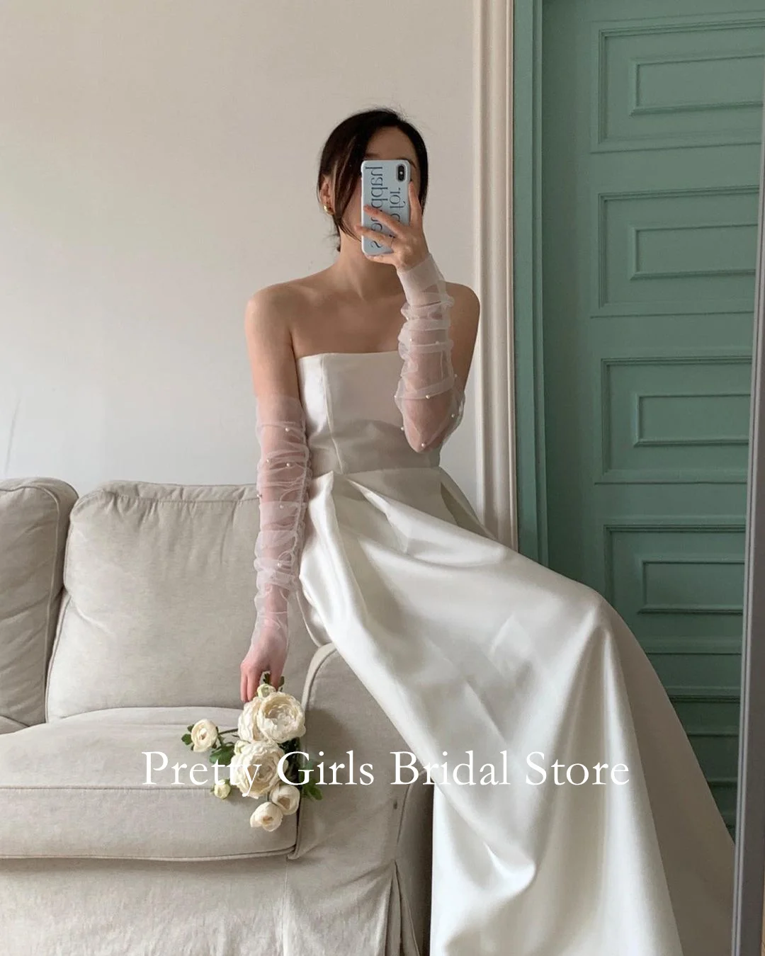 

OEING Strapless Korea Garden Wedding Dresses Pearls Sleeves Satin 프롬드레스 Floor Length Elegant Bride Growns Party Women