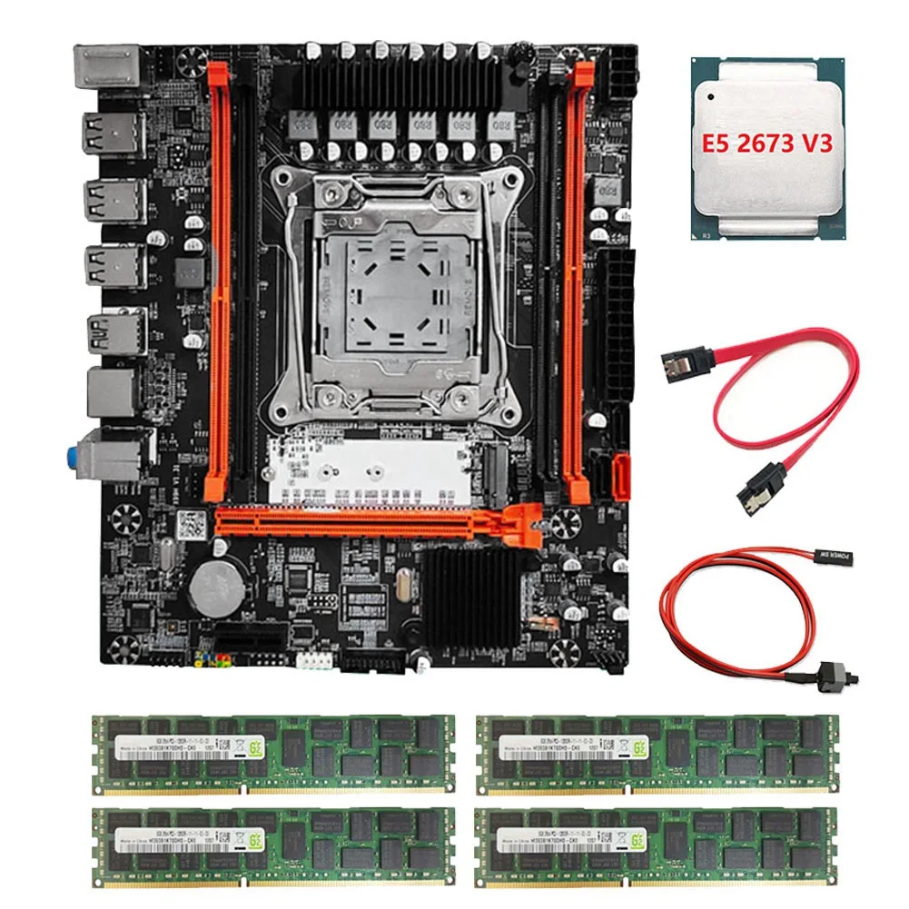

X99H Motherboard+E5 2673 V3 CPU+4X4G DDR3 RAM+Switch/SATA Line LGA2011-V3 DDR3X4 ECC RAM Slot M.2 NVME PCI-E X16 SATA3.0