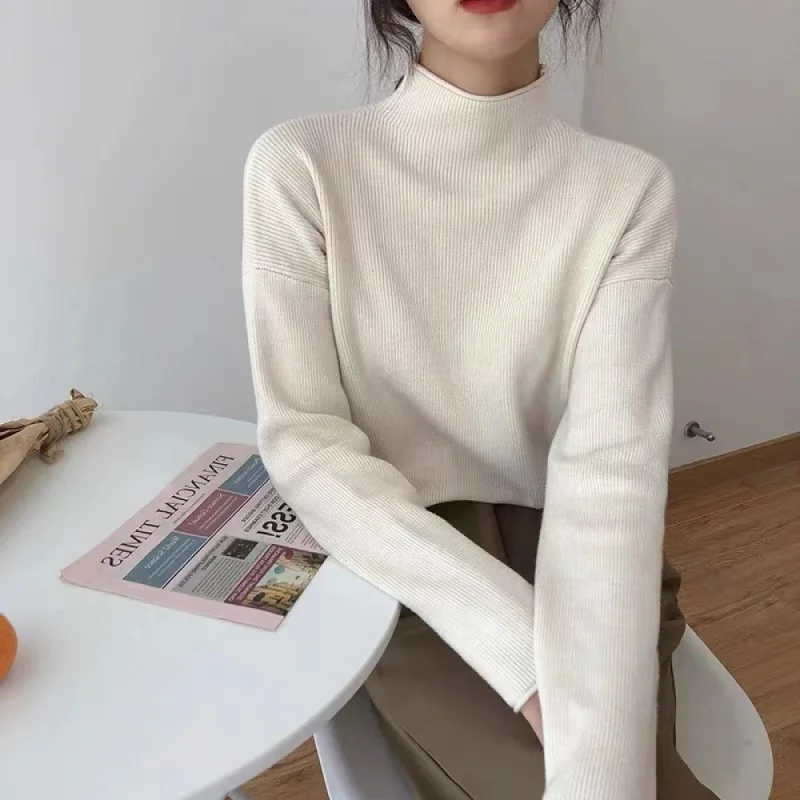 

23 New modelsHalf Turtleneck Bottoming Shirt Women's Fall and Winter Inner Wear Thick White Sweater Loose All-Match Bandage Dres