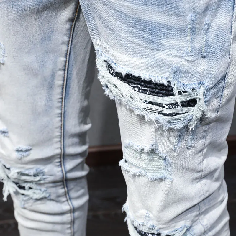 High Street Fashion Men Jeans Retro Light Blue Stretch Skinny Fit Ripped Jeans Men Bandana Patched Designer Hip Hop Brand Pants