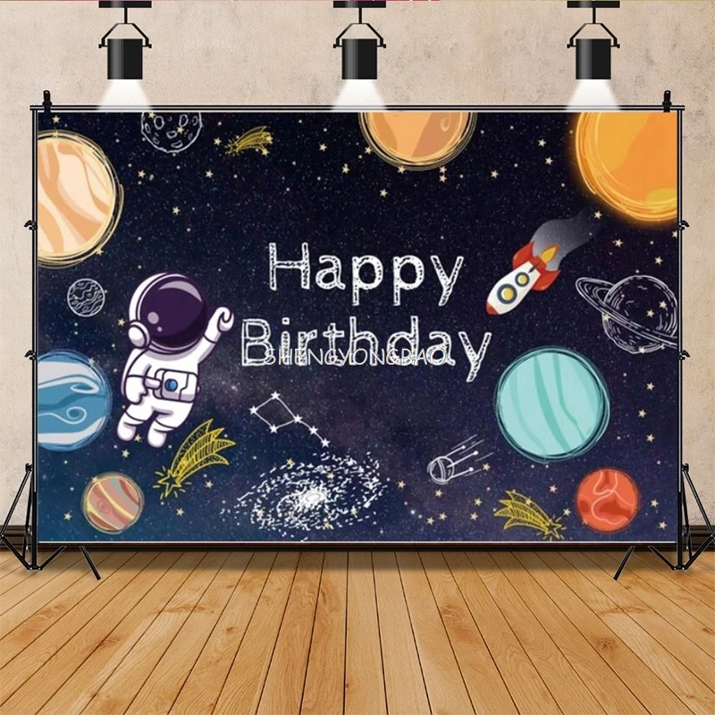 Photo Backdrop Outer Space Happy Birthday Backdrop Galaxy Planet Astronaut Rocket Photography Background Party Cake Table Banner Decor Props