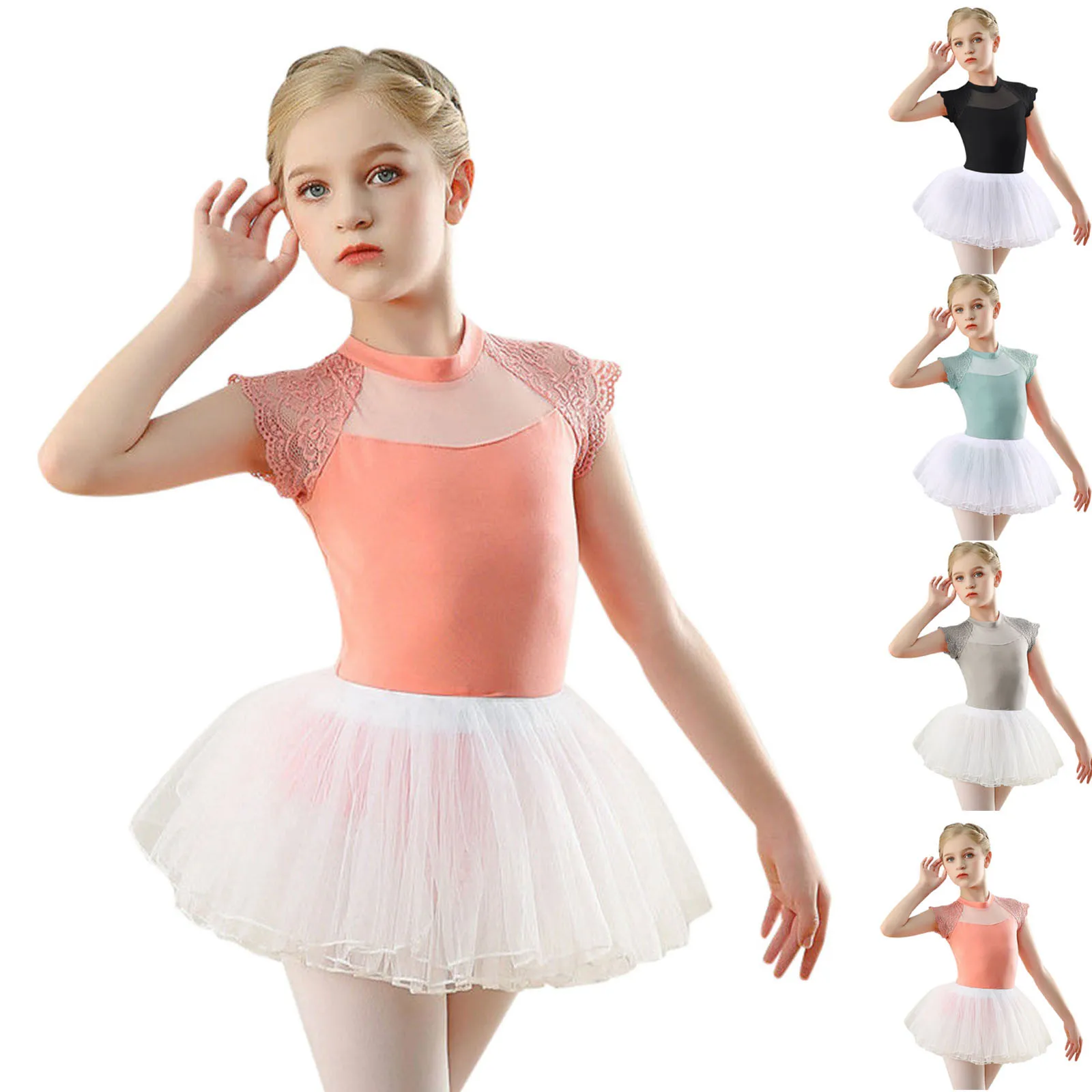 Girls Ballet Dance Leotards Kids Lace Spliced Sleeve Leotards+Removable Tutu Skirts Skating Gymnastics Practice Dancewear 3-13Y