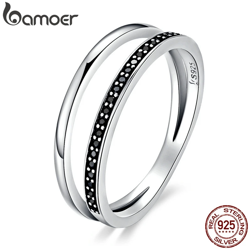 Bamoer 925 Sterling Silver Double Circle CZ Stackable Finger Ring for Women Silver Rings Silver Ring