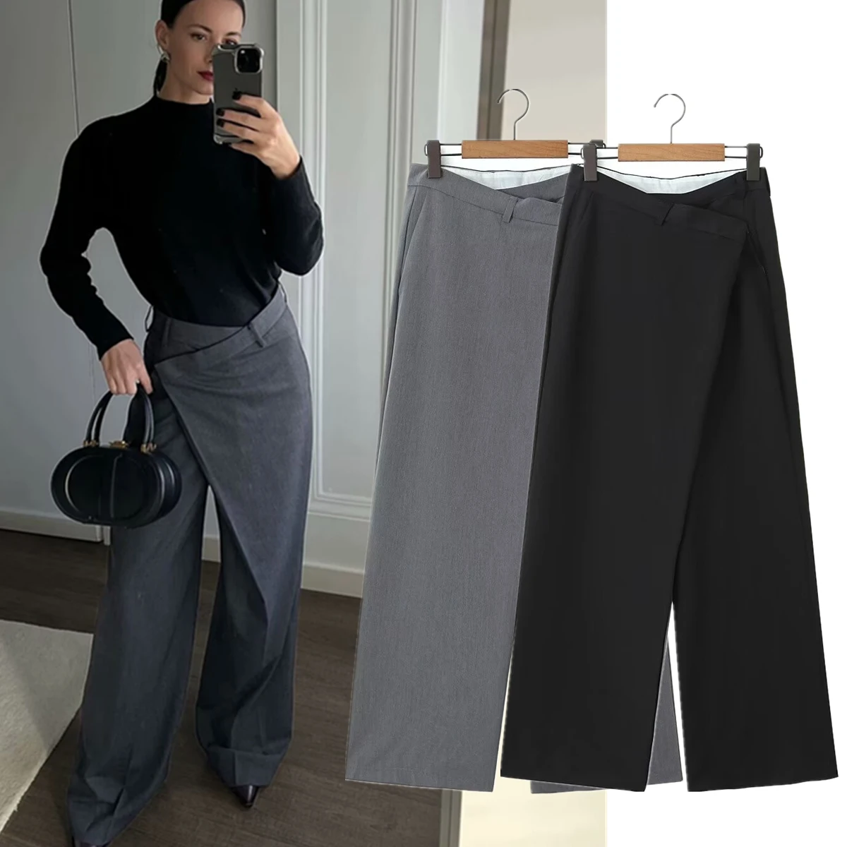 

Withered Asymmetrical Suit Wide Leg Nordic Minimalist Pants Women Fashion High Waist Loose Casual Pants For Summer