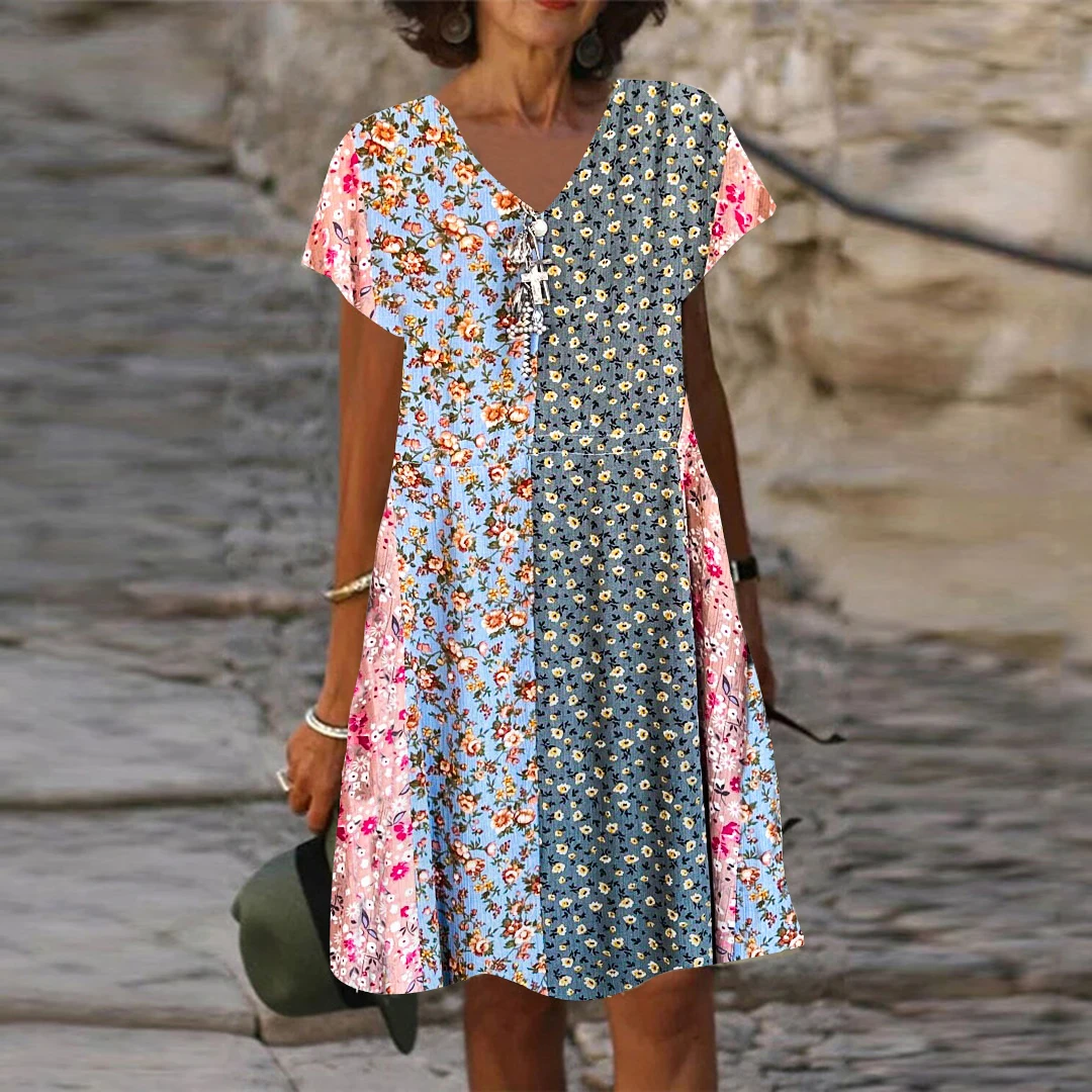 All-Over Print Women’s Stacked Hem Dress With Short Sleeve（Plus Size） main image 1