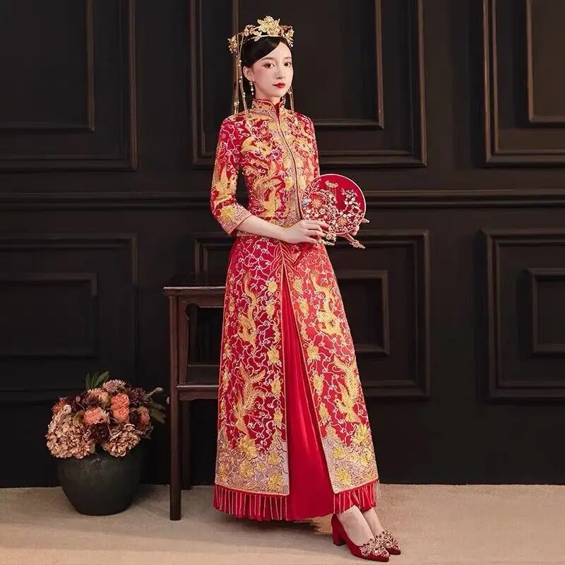 Red Embroidery Oriental Dragon Phoenix Qipao Women Satin Cheongsam Ancient Traditional Chinese Bride Wedding Dress Long Vestidos