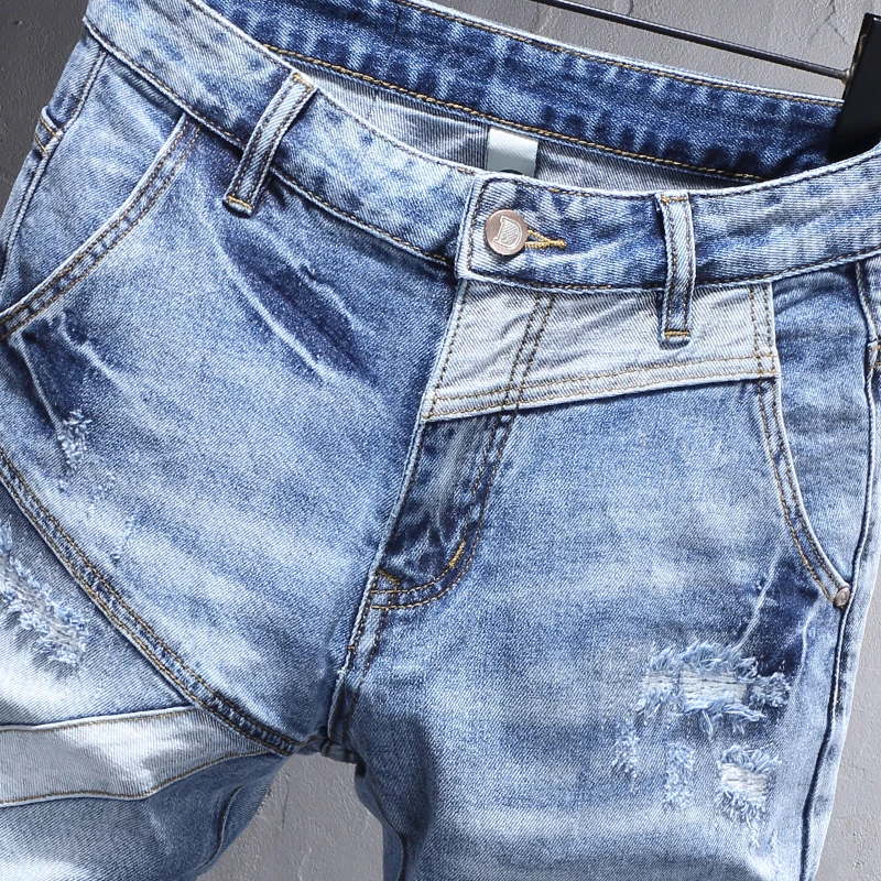 Street Fashion Men Jeans Retro Light Blue Elastic Stretch Slim Fit Ripped Jeans Men Spliced Designer Hip Hop Denim Pants Hombre