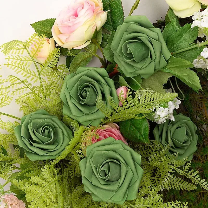 25 Fiori Artificiali Di Dalia Verde Salvia Con Stelo - Rose Finte In Schiuma Morbida Per Decorazioni Matrimoniali E Centrotavola