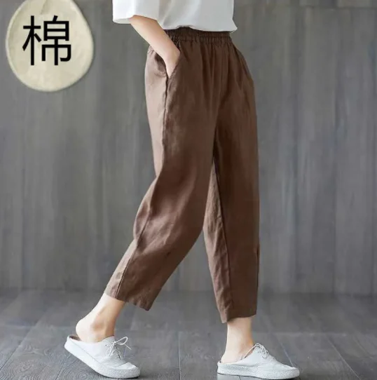 Women's Harem Pants Summer Cotton Linen Capri Pants Breathable Ankle-length Trousers Casual Retro Loose Mom Pant Solid Pockets