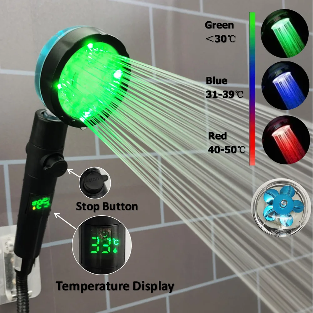 ventilador colorido, alta pressão chuva chuveiro cabeça, botão parar, controle