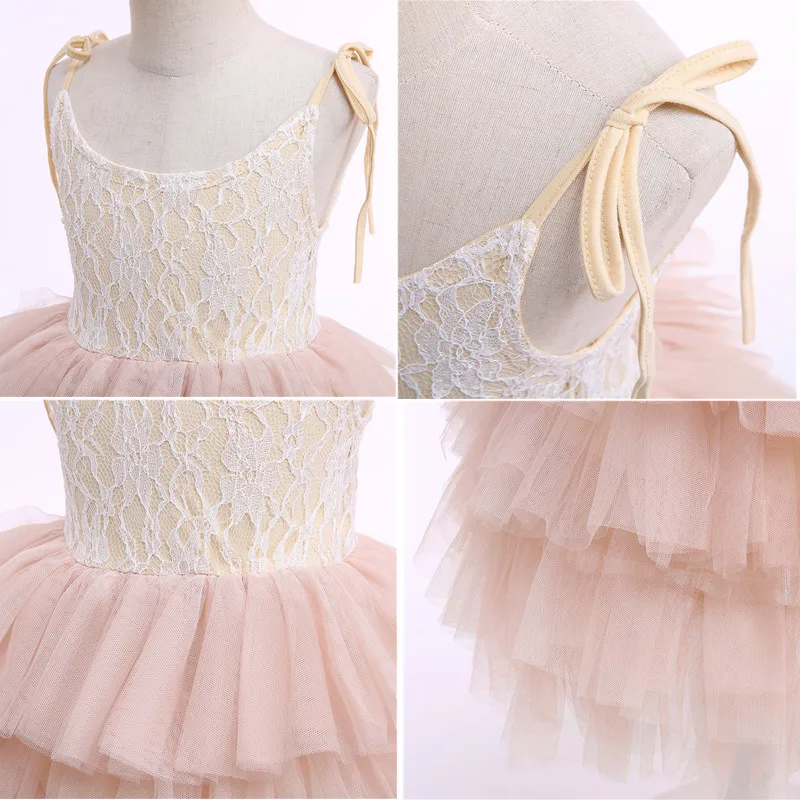 Summer Girls Sleeveless Strap Princess Dress Kids Lace Flower First Communion Dresses Children New Fashion Beach Tulle Clothes