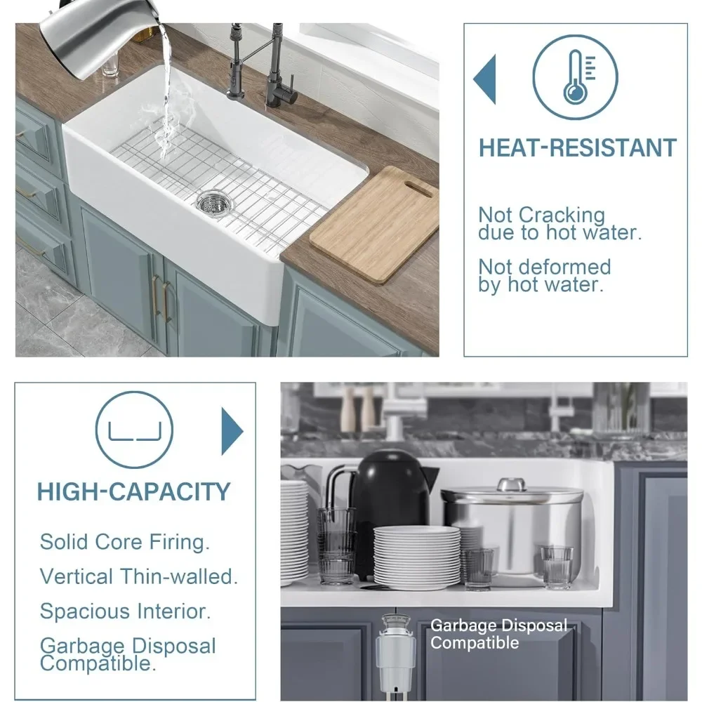 NEW-White Farmhouse Sink 33 x 18 Inch, Firecaly Apron Front Farm Sink, Heavy Duty, Large Capacity Single Bowl, with Accessories