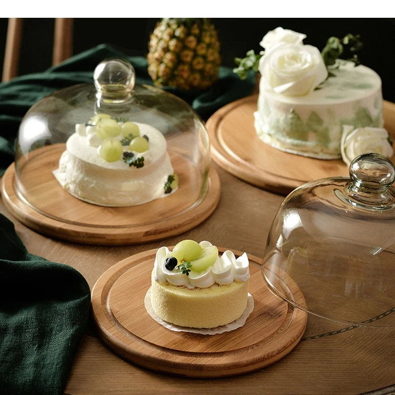 Simple Wooden Cake Stands Glass Cover Bread Pastry Dessert Plate Home Kitchen Tools Fruit Display Snack Trays