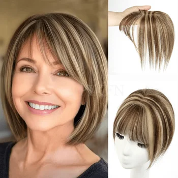 5x9cm Real Human Hair Topper 8"-14" Natural Straight Top Hairpieces Black Brown Blonde Hair Topper Middle Part with Bangs