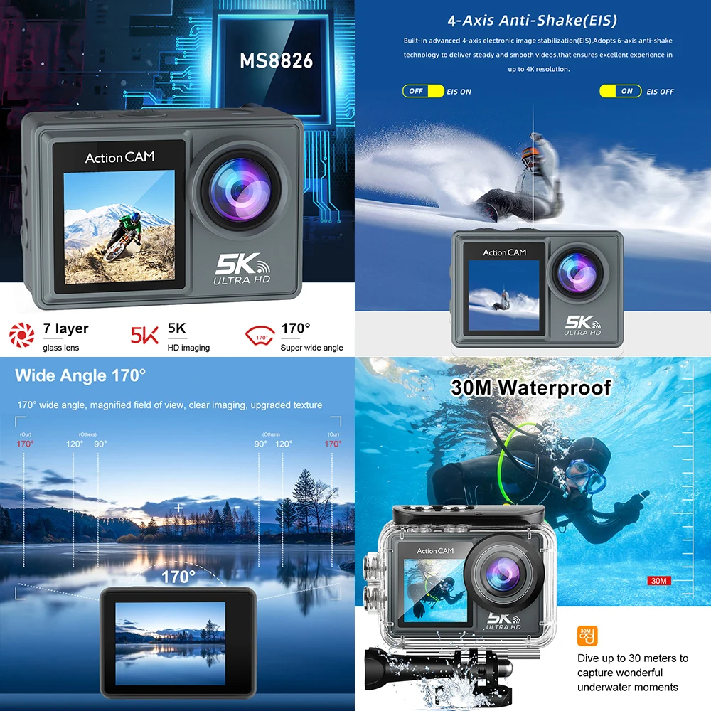 5K 4K60FPS Action Camera Dual IPS Touch LCD DVR EIS 170° 30M Waterproof 5X Zoom Sport Camera With Wireless Mic&Remote Control 2