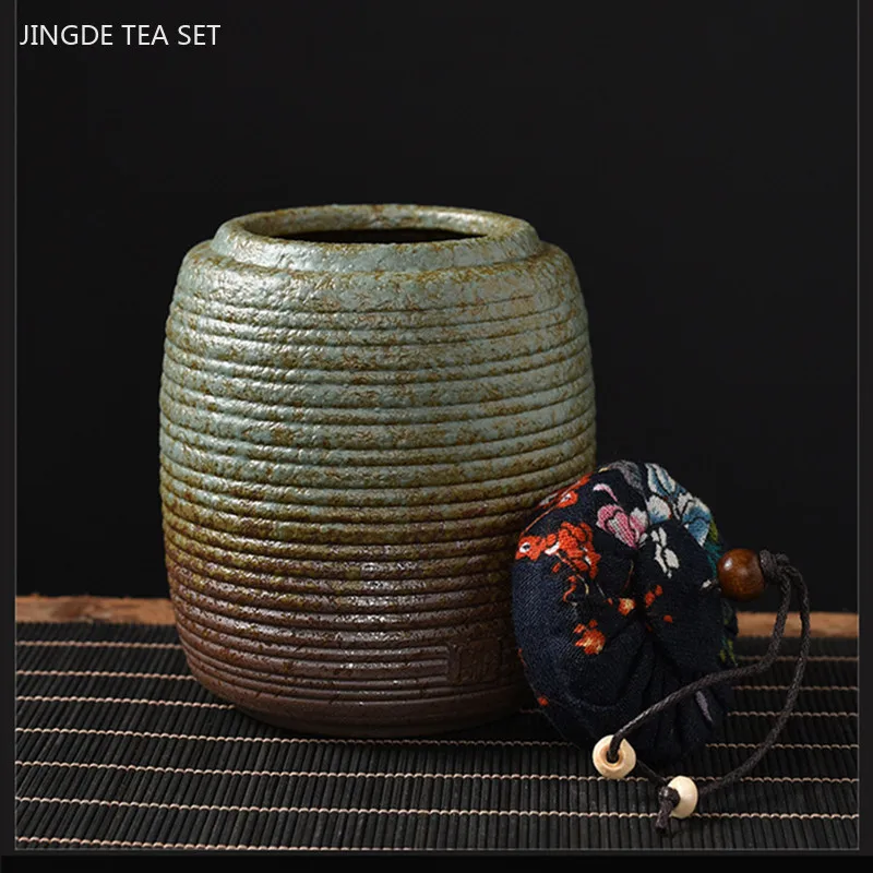 Vintage Stone Green Coarse Pottery Tea Container Household Sealed Tank Japanese Ceramic Tea Storage Tank Kitchen Coffee Storage