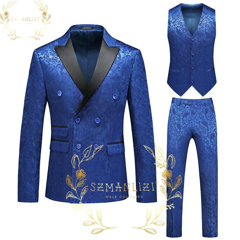 

SZMANLIZI Latest Designs Royal Blue Floral Men Suits For Wedding Groom Tuxedos Peaked Lapel Suit Men Groomsmen Best Man Blazer