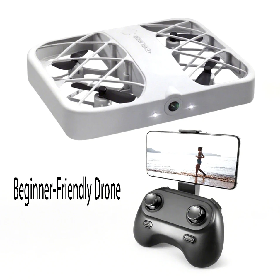 Vue rapprochée du mini drone pliable avec caméra HD, affichant ses hélices et son boîtier compact